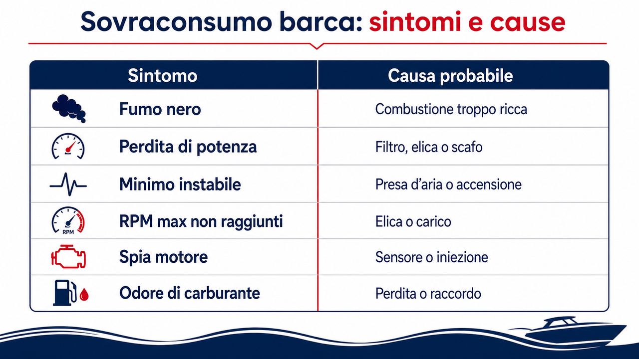 Infografica dei sintomi associati al consumo eccessivo del motore barca e cause probabili
